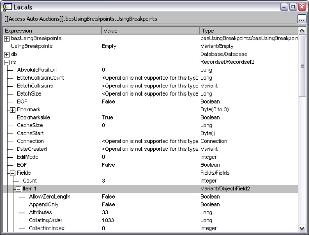 Use the Locals window to examine the values of complex objects.